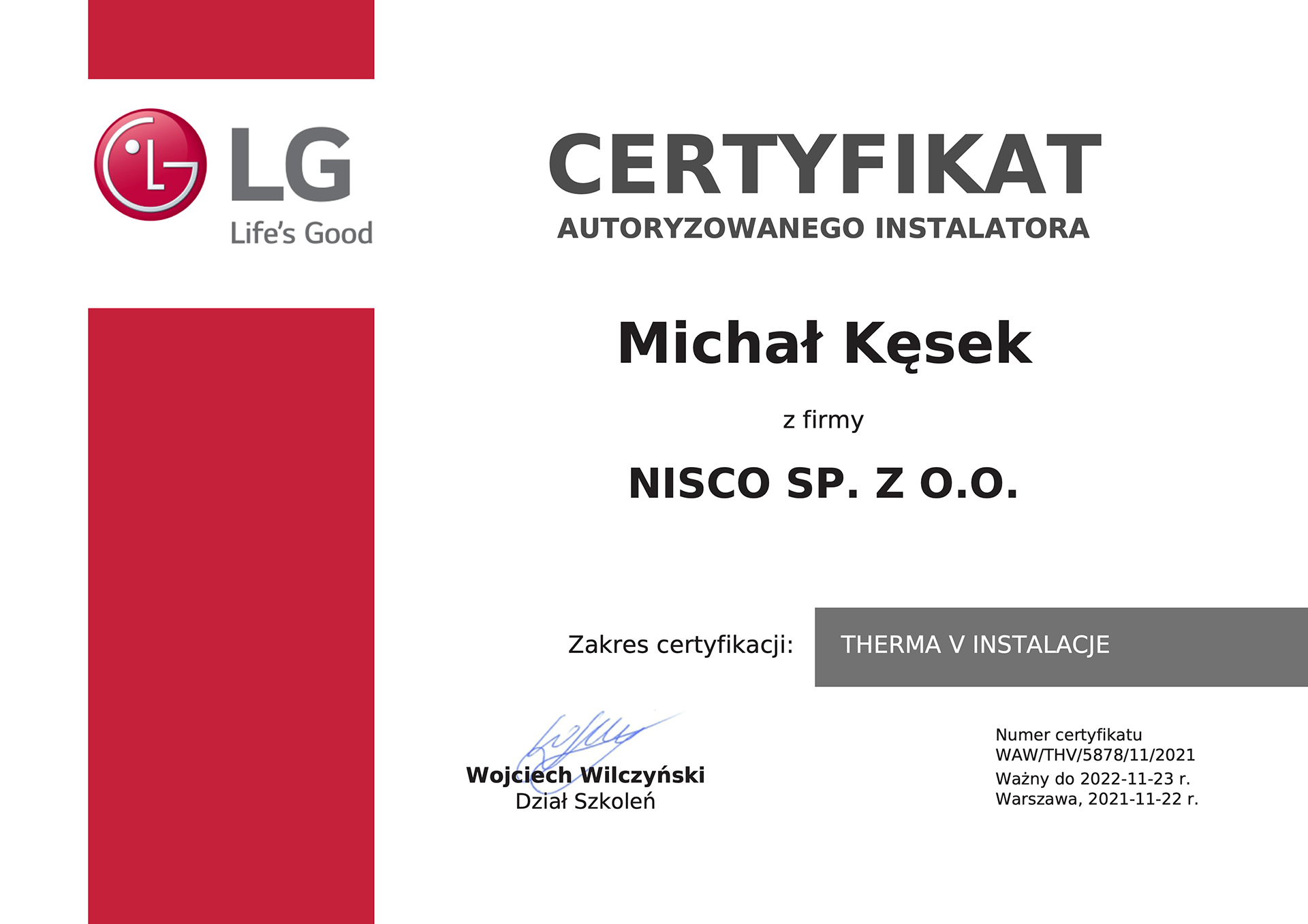 zdjęcie przedstawiające certyfikat autoryzacyjny od firmy LG dla firmy Nisco