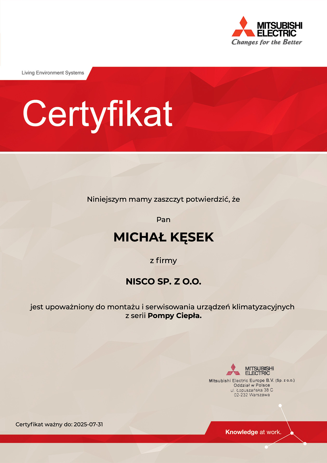 zdjęcie przedstawiające certyfikat autoryzacyjny od firmy Mitsubishi dla firmy Nisco