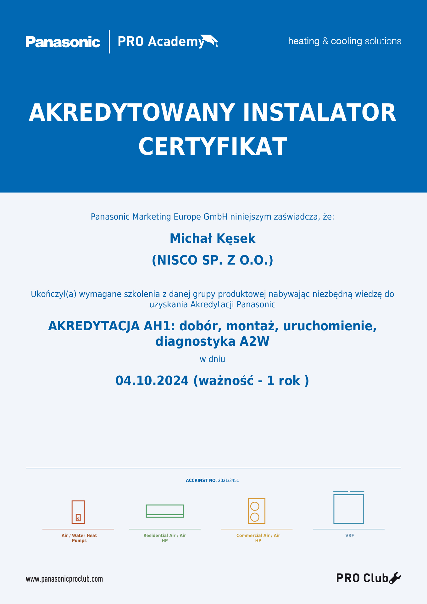 zdjęcie przedstawiające certyfikat autoryzacyjny od firmy Panasonic dla firmy Nisco