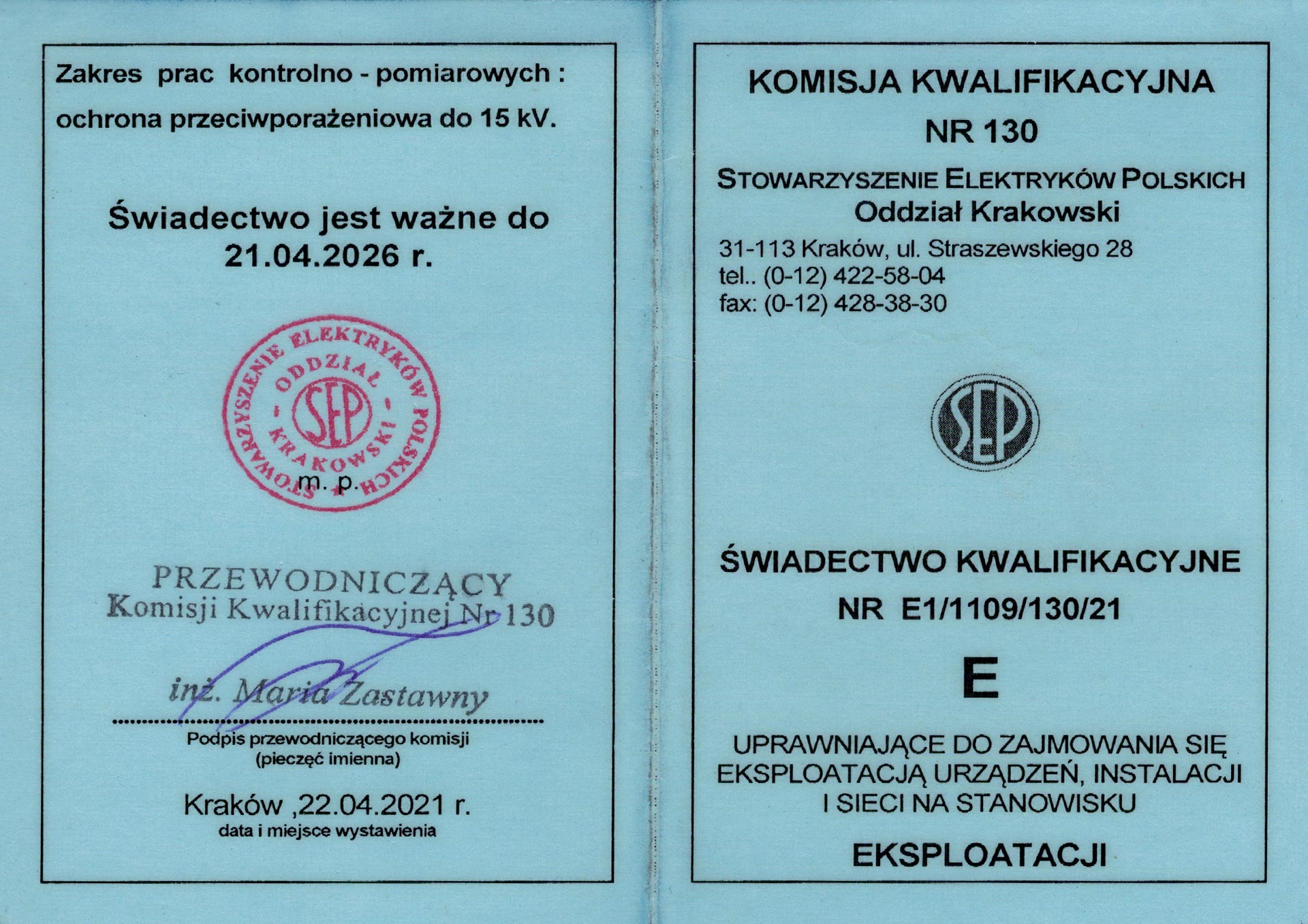 zdjęcie przedstawiające uprawnienia sep właściciela firmy Nisco